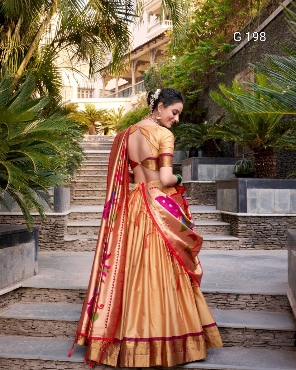 Chiku Jacquard Silk (Paithani) Lehenga with Zari Weaving Work – G 198 Chiku