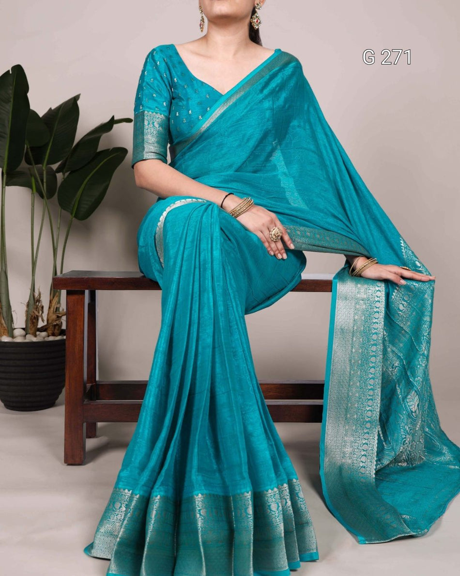 Self Printed Chinon Saree with Zari Weaving – G 271 Firozi