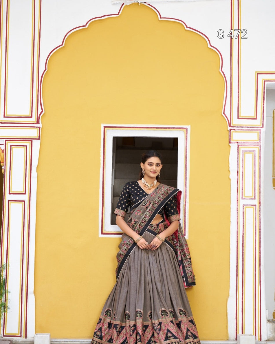 Designer Tasar Silk Lehenga with Print and Sparkle - G 472