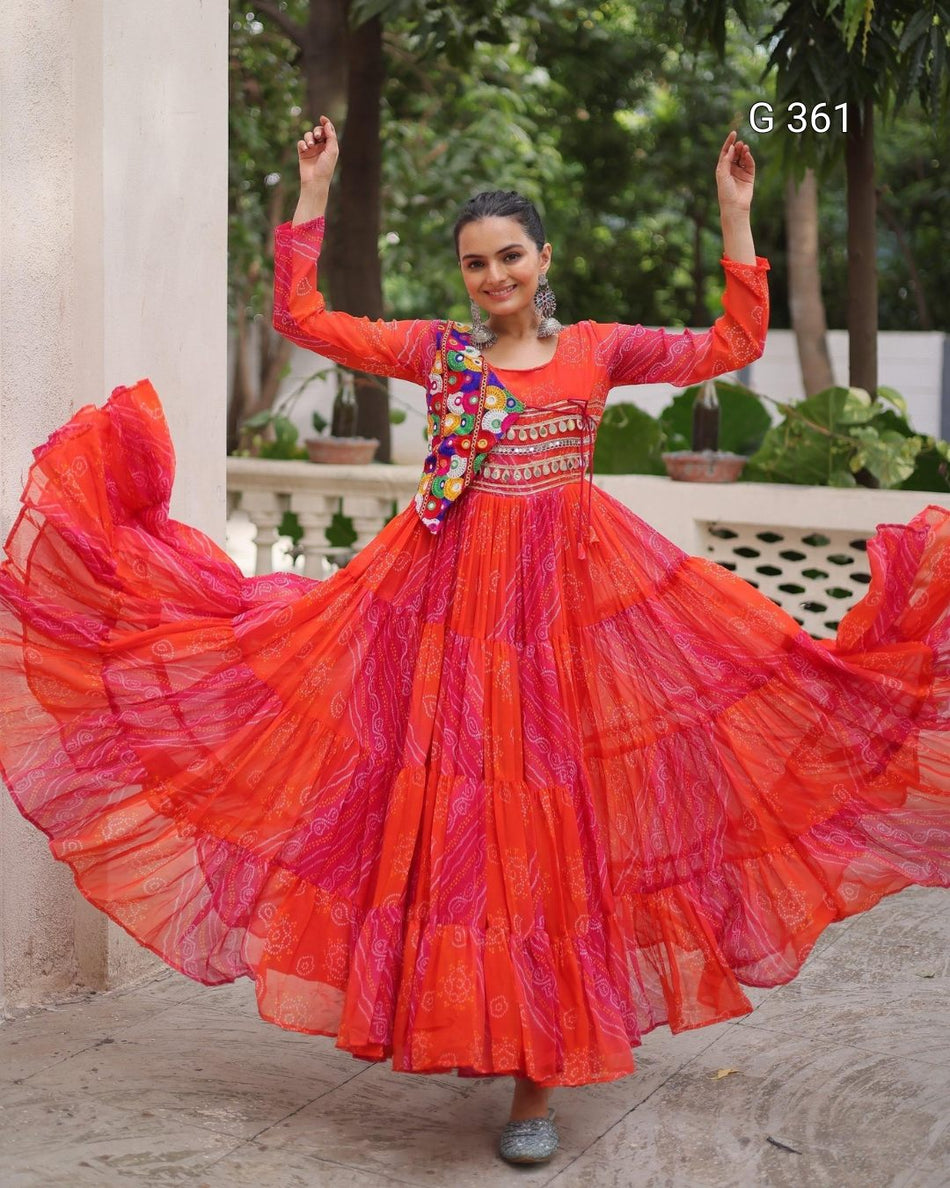 Faux Georgette Gown with Laheriya & Bandhej Print – G 361