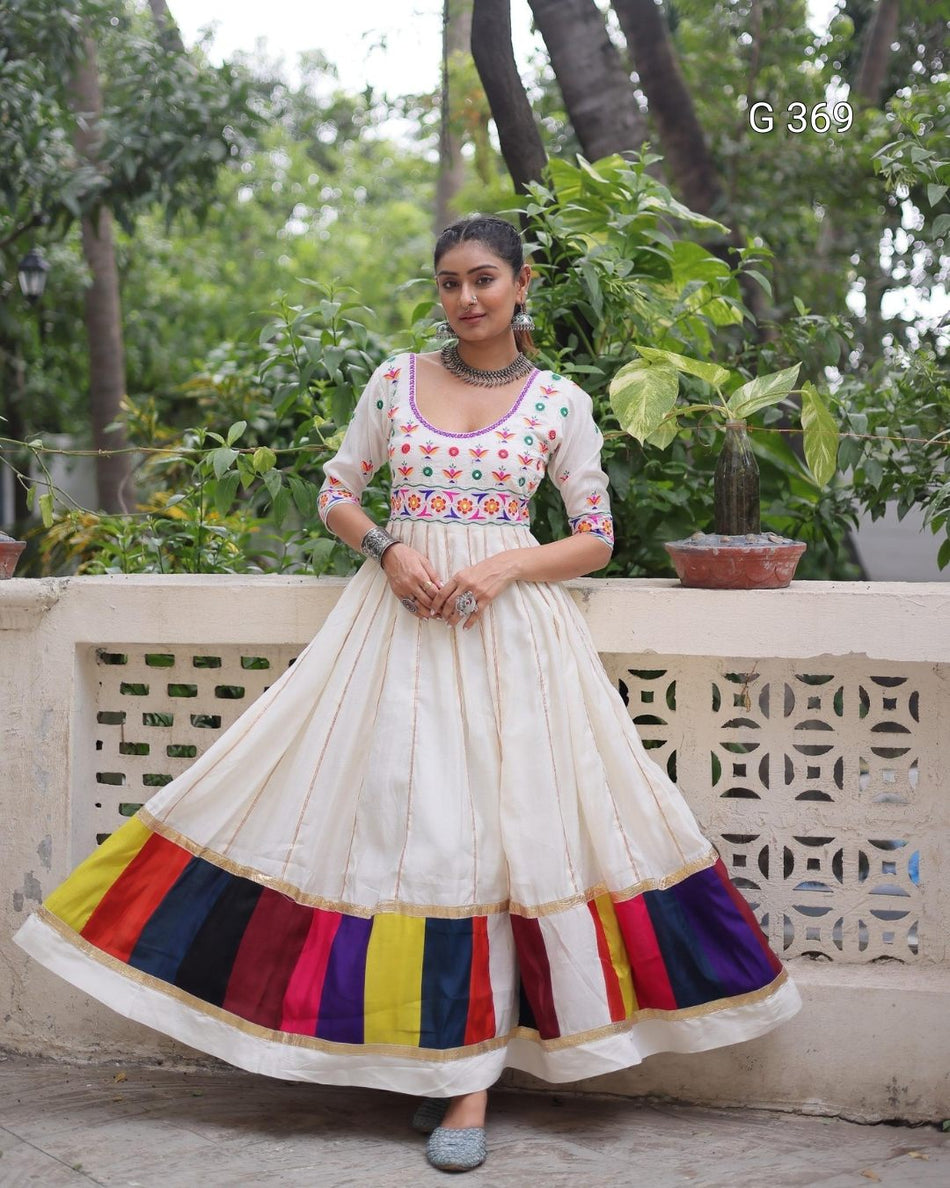 Roman Fabric Gown with Multicolor Thread Work & Gota Lace – G 369