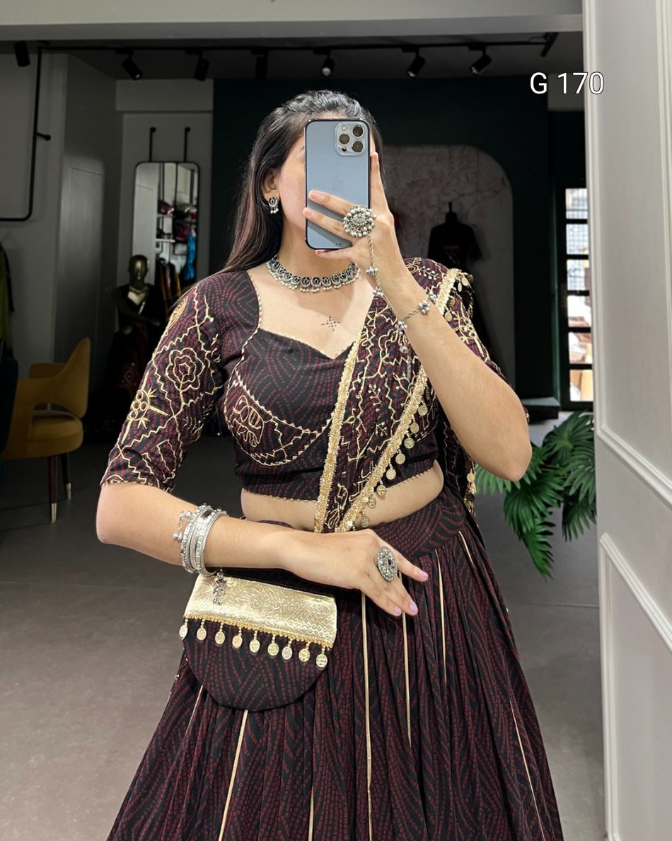 Coffee Georgette Bandhej Print Lehenga with Embossed Design & Gota Patti Touch-Up – G 170 Coffee