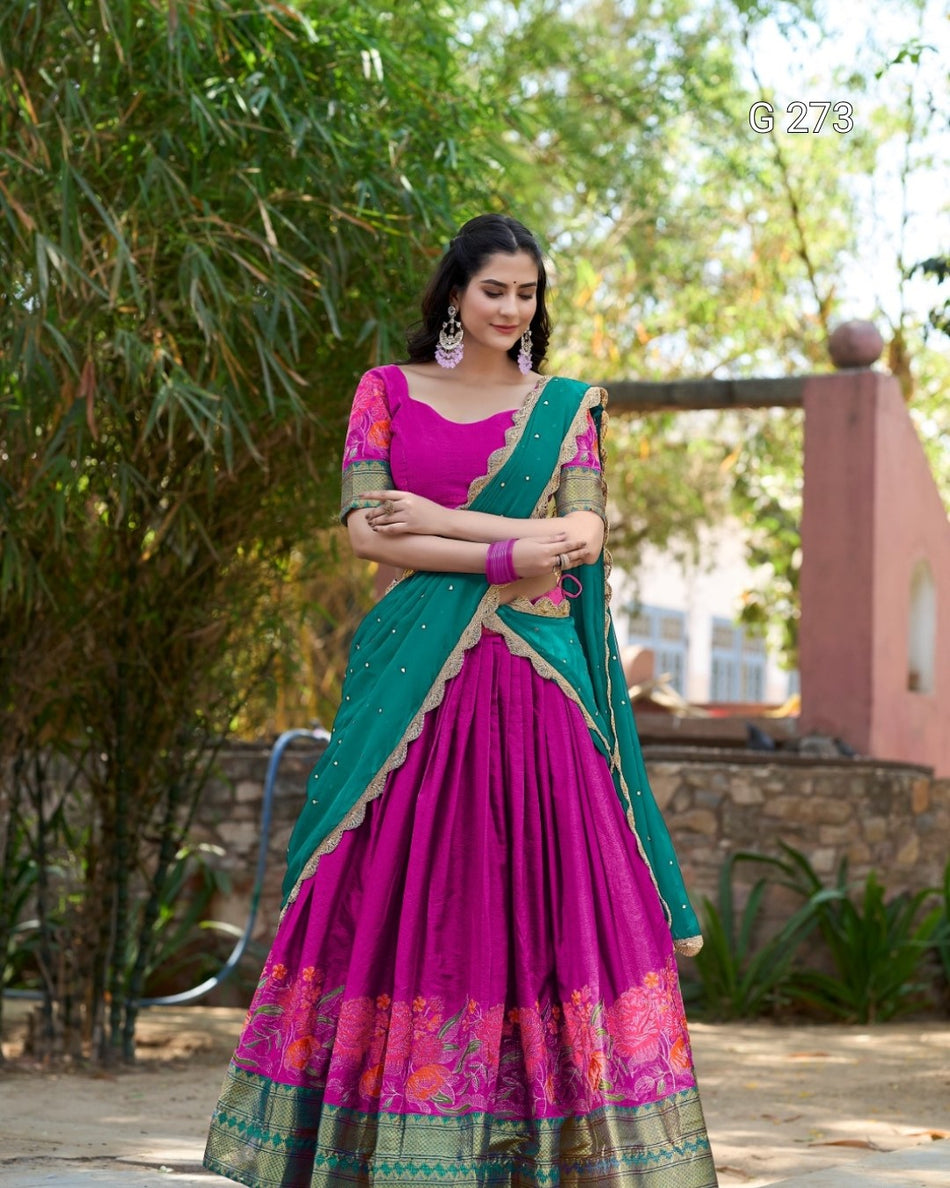 Cotton Silk Lehenga with Thread Embroidery & Georgette Dupatta – G 273 Pink