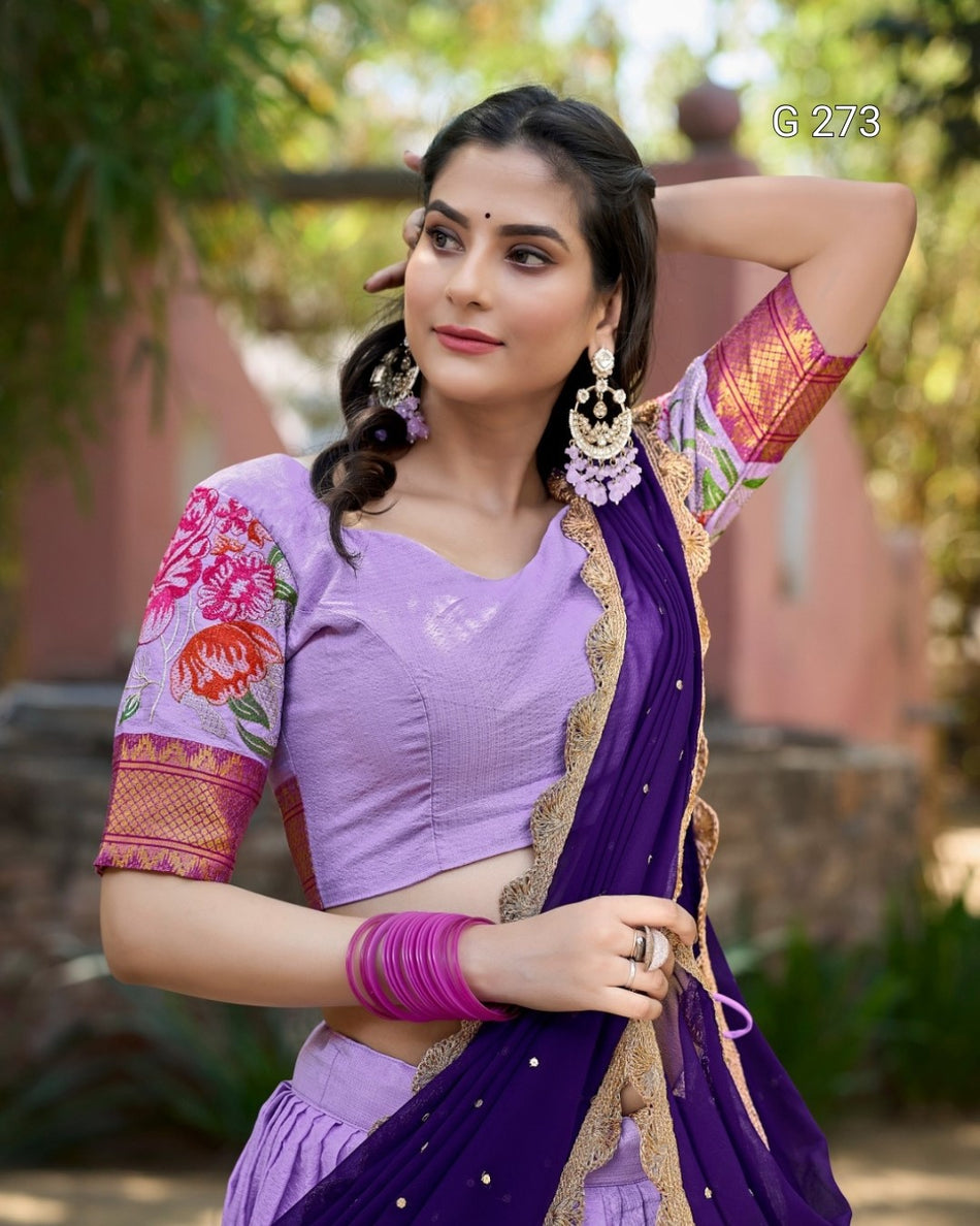 Thread Embroidery Cotton Silk Lehenga with Zari Weaving – G 273 Lavender