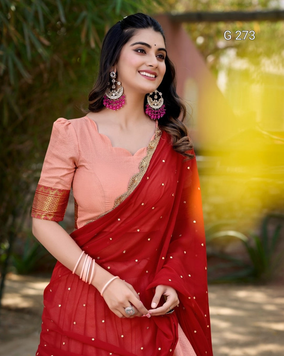 Thread Embroidery Cotton Silk Lehenga with Zari Weaving – G 273 Peach