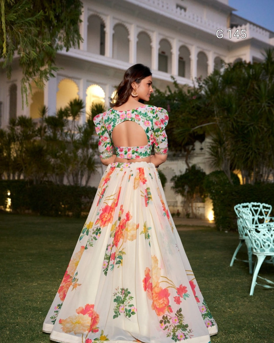 Cream Georgette Lehenga with Floral Print & Lace Border – Wedding Lehenga Set-G 145 Cream