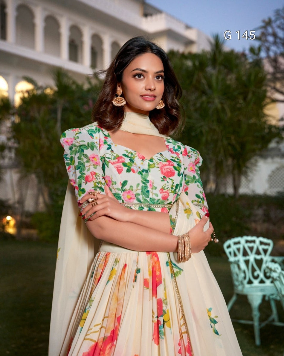 Cream Georgette Lehenga with Floral Print & Lace Border – Wedding Lehenga Set-G 145 Cream