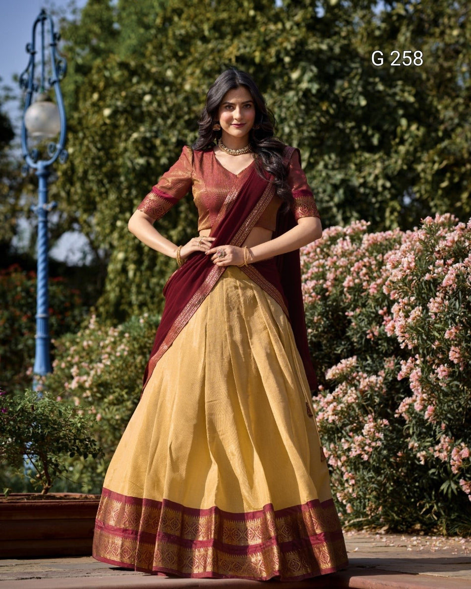Zari Weaving Kanchipuram Lehenga with Lace Border – G 258 Cream