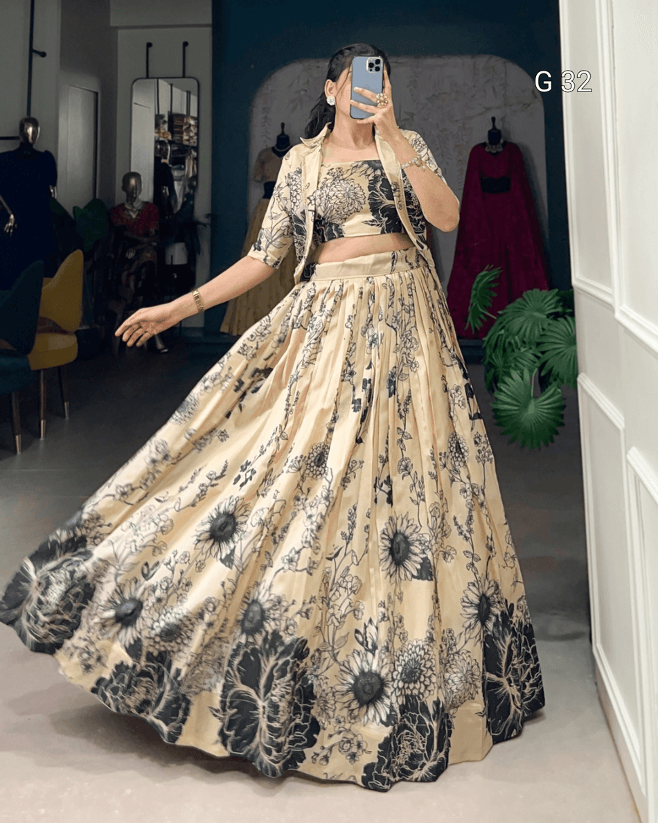 Cream Tussar Silk Lehenga with Floral Print – G 32