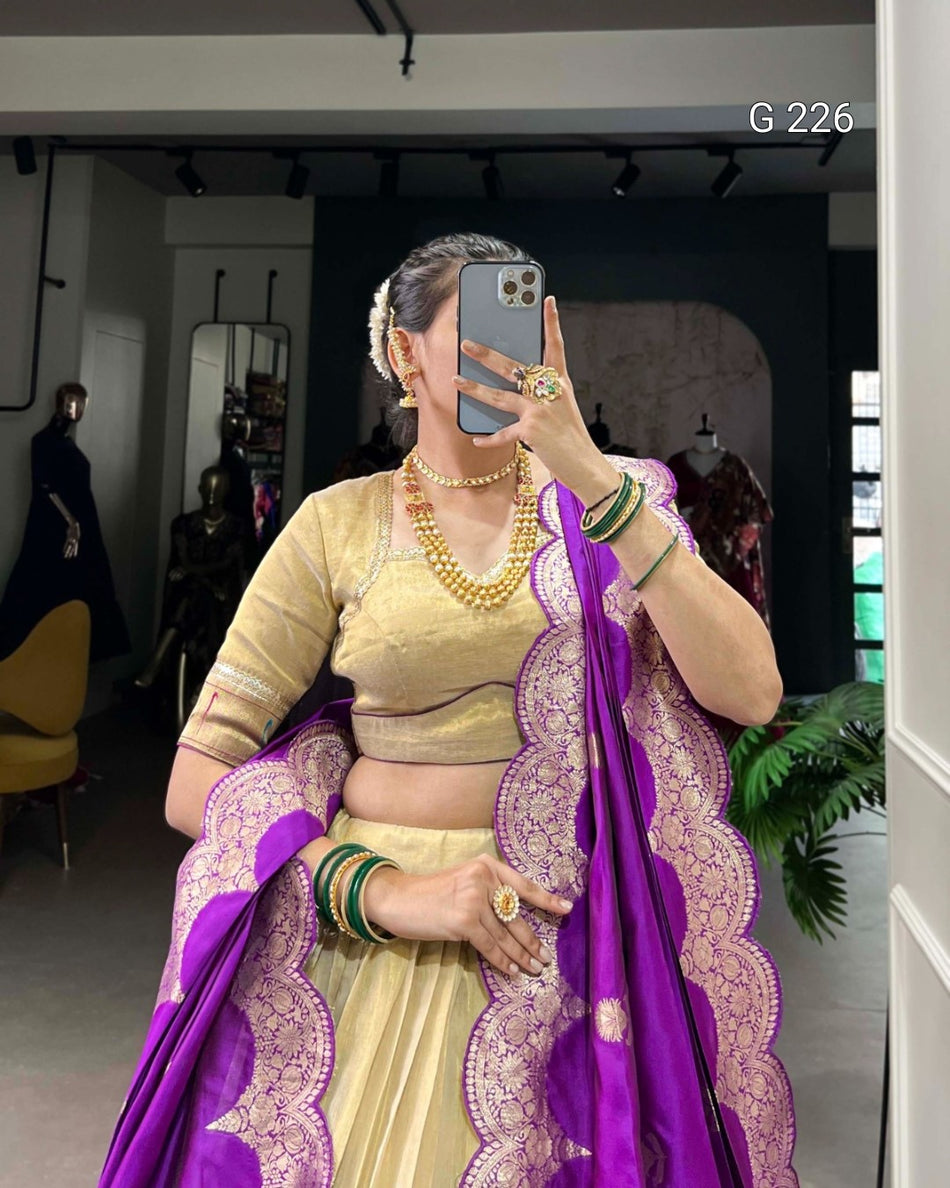 Plain Erode Lehenga with Paithani Lace Border & Jacquard Silk Dupatta – G 226 Cream