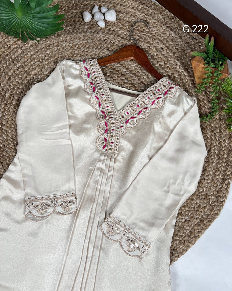 Sequins and Thread Embroidery Moonga Silk Top & Bottom with Bandhej Print Dupatta – G 222 Cream