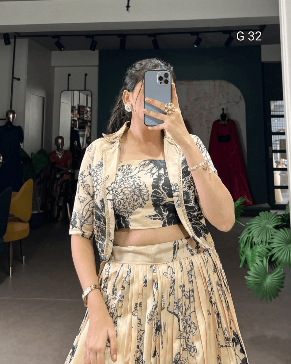 Cream Tussar Silk Lehenga with Floral Print – G 32 Cream