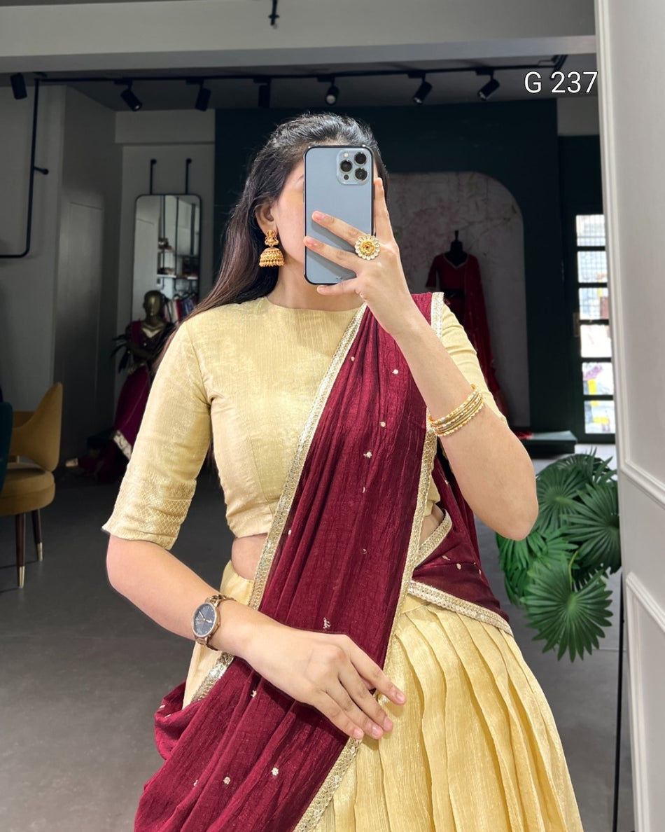 Zari Weaving Kanchipuram Lehenga with Vichitra Silk Dupatta – G 237 Cream