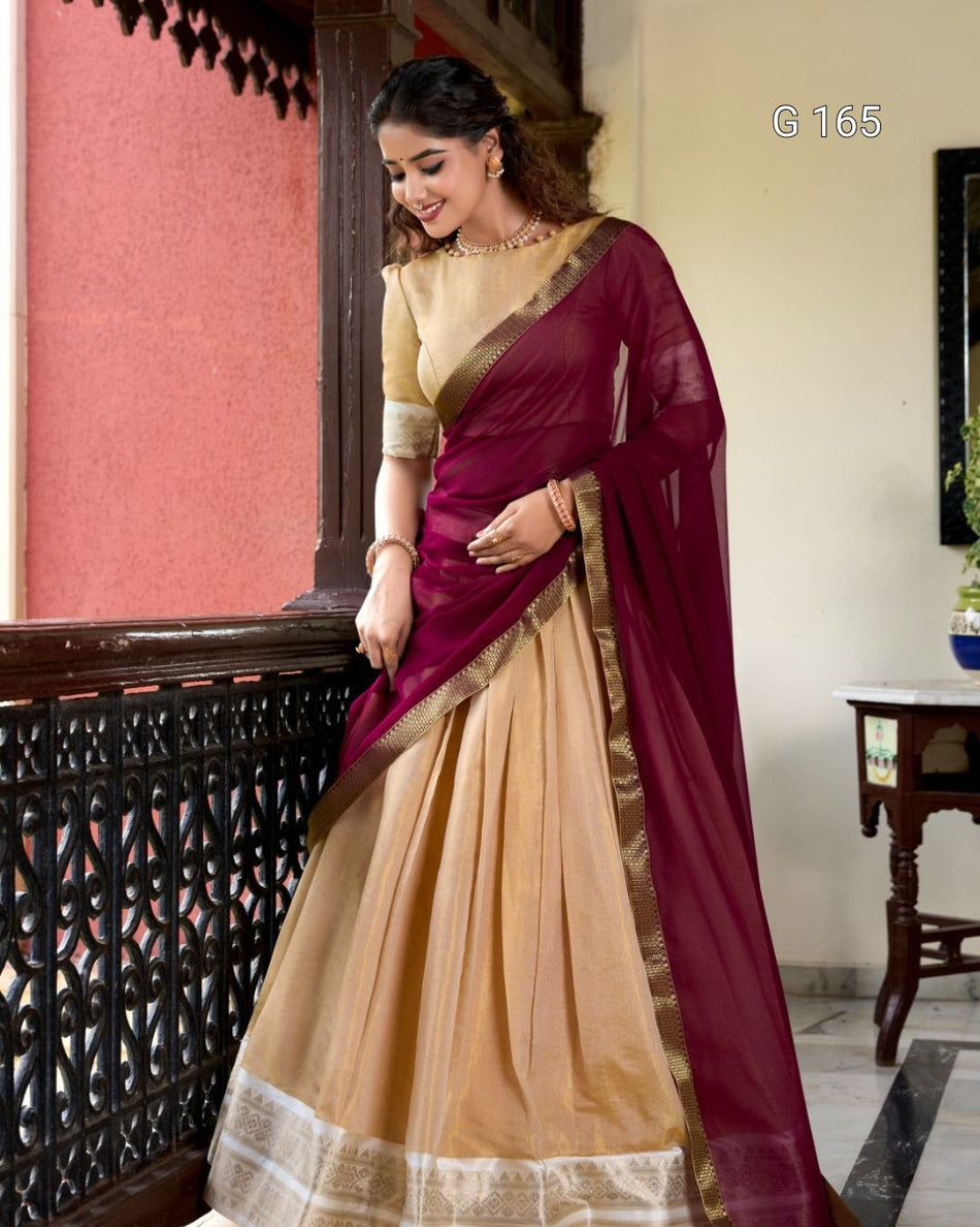 Cream Kanchipuram Lehenga with Zari Weaving Work & Georgette Dupatta-G 165 Cream