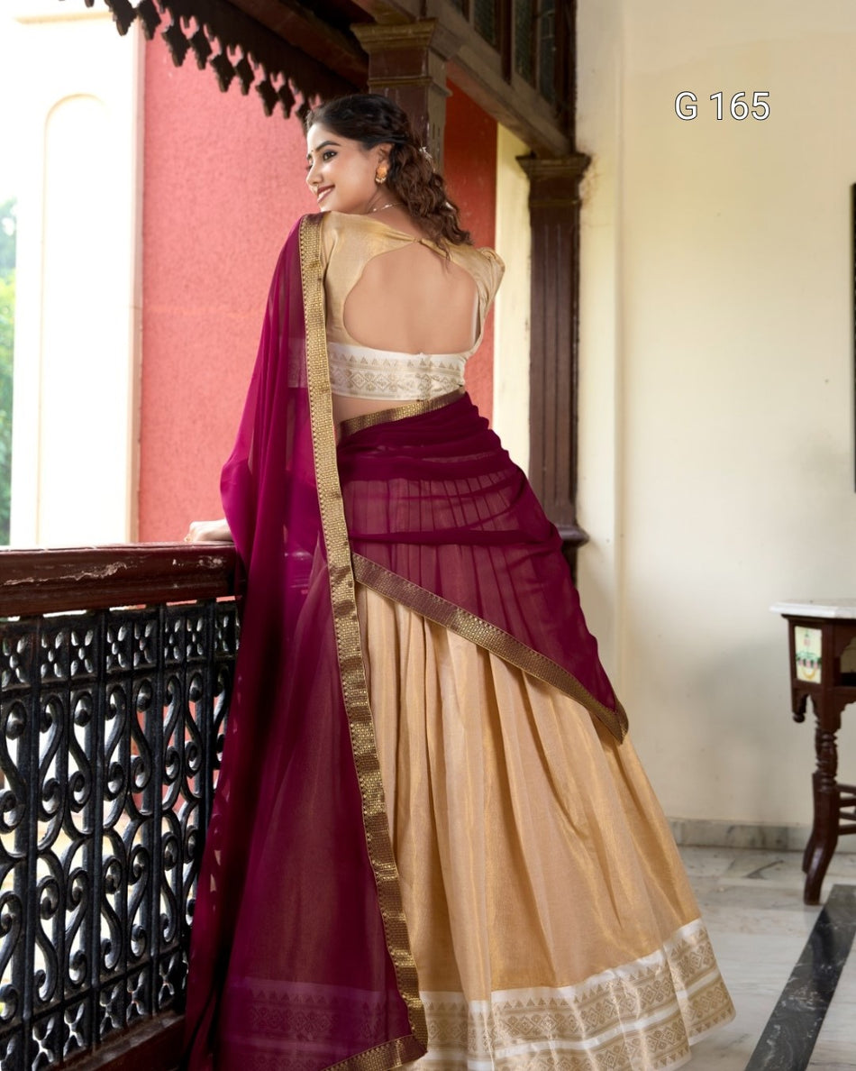 Cream Kanchipuram Lehenga with Zari Weaving Work & Georgette Dupatta-G 165 Cream