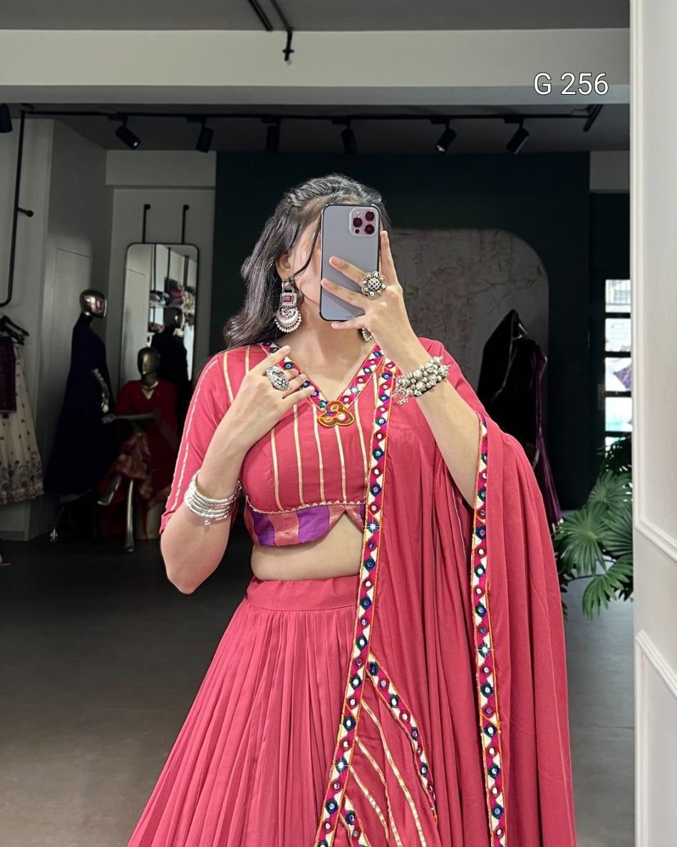 Sequins & Thread Embroidery Gold Crush Lehenga with Lace Border – G 256 Dark Pink