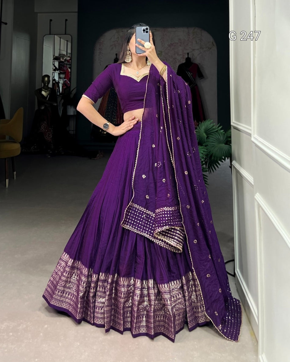 Zari Weaving Pure Chanderi Lehenga with Lace Border – G 247 Dark Purple