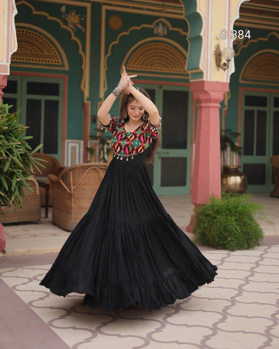 Black Gown with Kutchi Gamthi Kodi Work – G 384