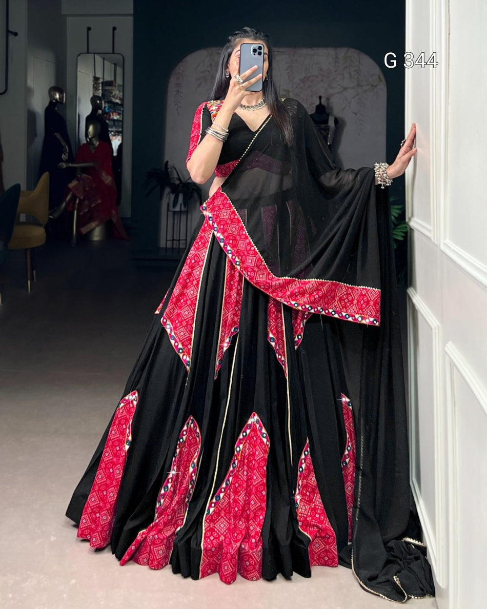 Black Pure Rayon Lehenga with Bandhej & Mirror Work - G 344 Black