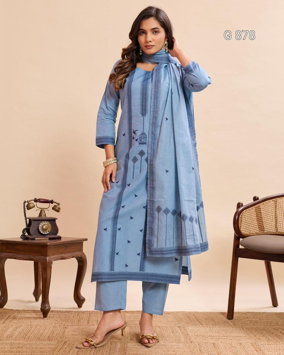 Designer Cotton Kurti Pant Dupatta Set G 878