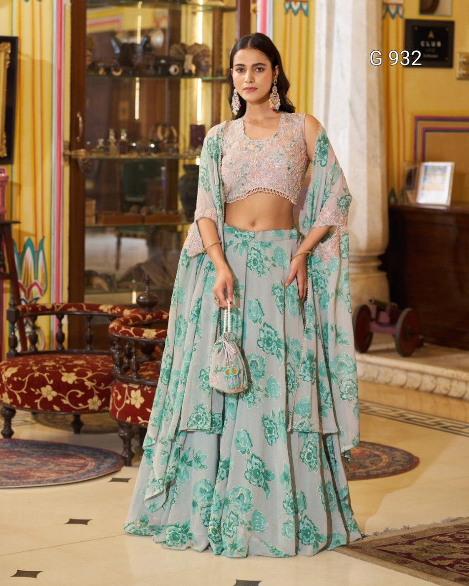 Designer Cape Style Embroidered Lehenga Set - G 932