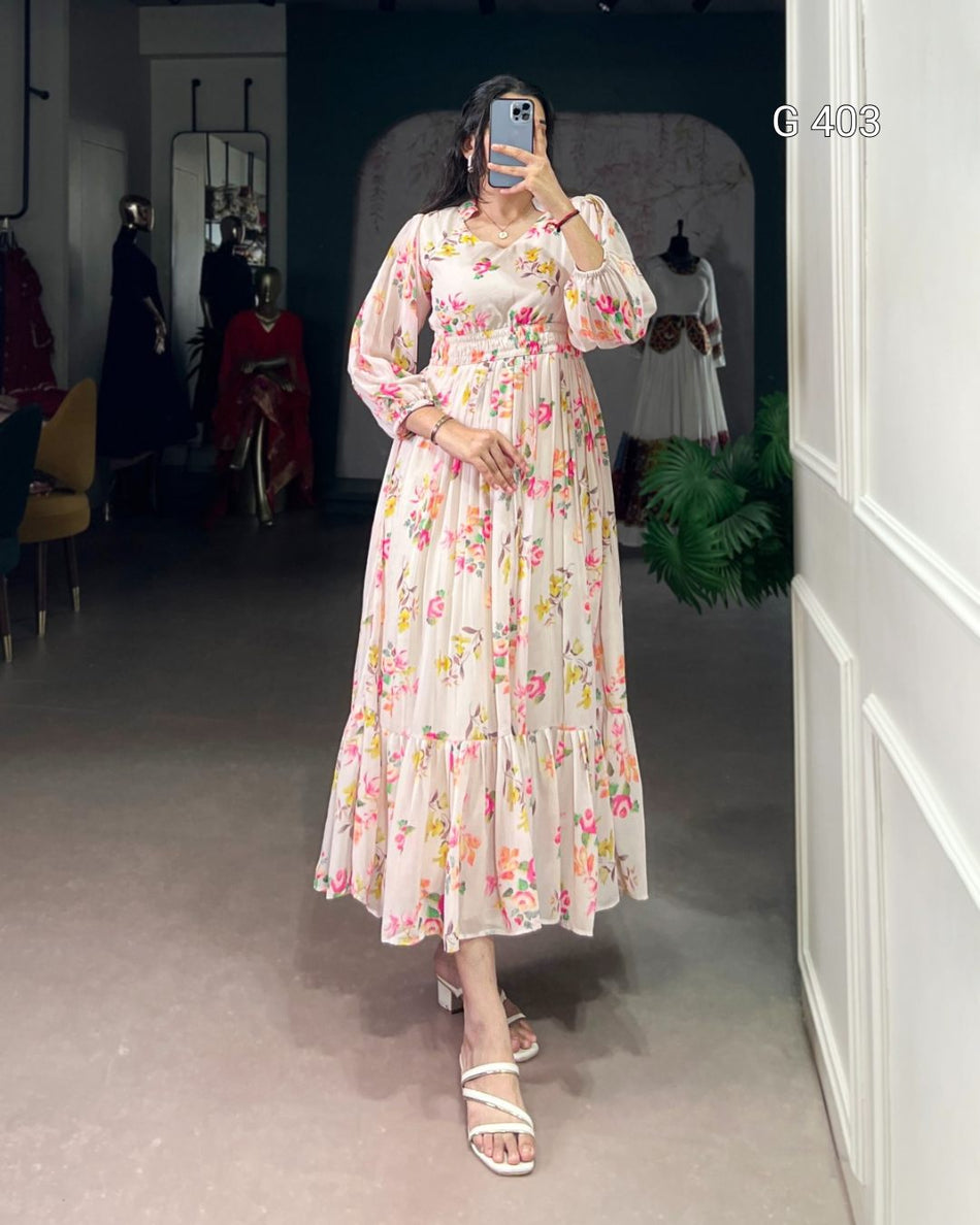 Georgette Frock with Floral Print – G 403 Cream