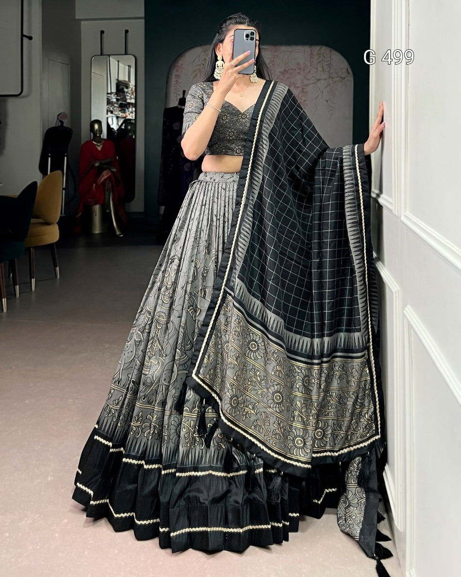 Designer Kalamkari Tasar Lehenga with Elegant Borders - G 499