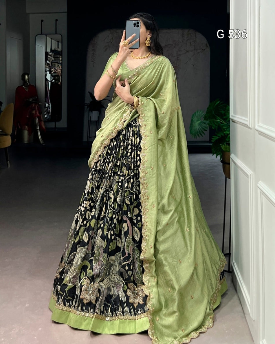 Kalamkari Tasar Silk Lehenga with Embroidered Dupatta - G 536