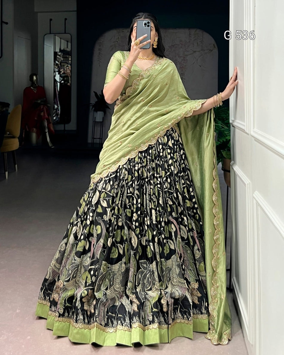 Kalamkari Tasar Silk Lehenga with Embroidered Dupatta - G 536