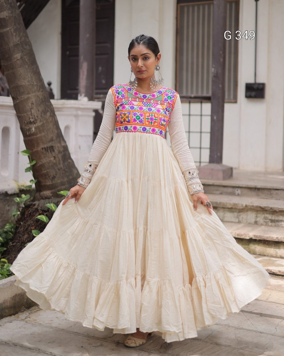 Off-White Kora Cotton Stitched Gown with Multi-Thread Gamthi Embroidery - G 349 White