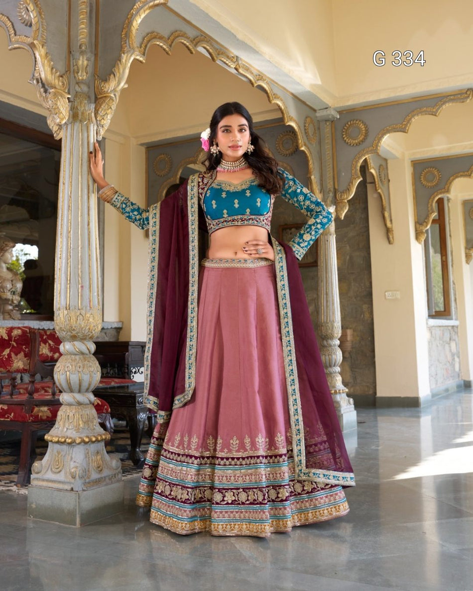 Peach Moonga Silk Lehenga with Sequins & Thread Embroidery - G 334 Peach
