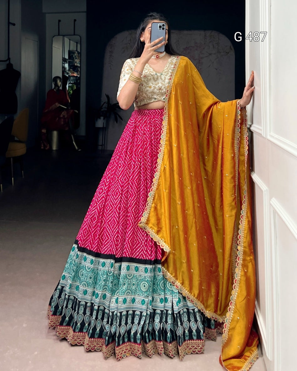 Classic Bandhej Ajrakh Lehenga with Elegant Detailing - G 487
