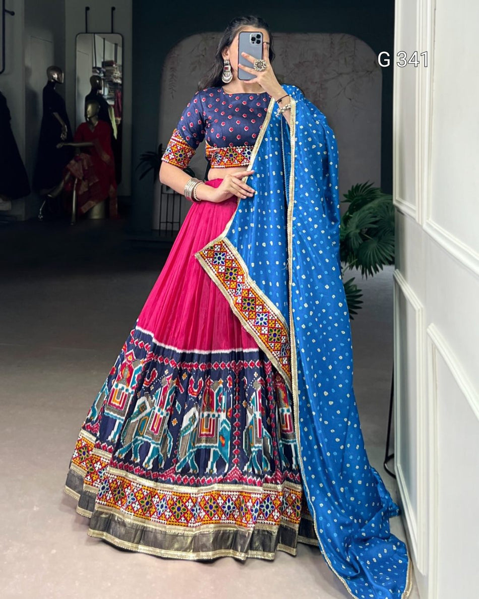 Elegant Tasar Silk Lehenga with Foil & Mirror Gamthi Work - G 341