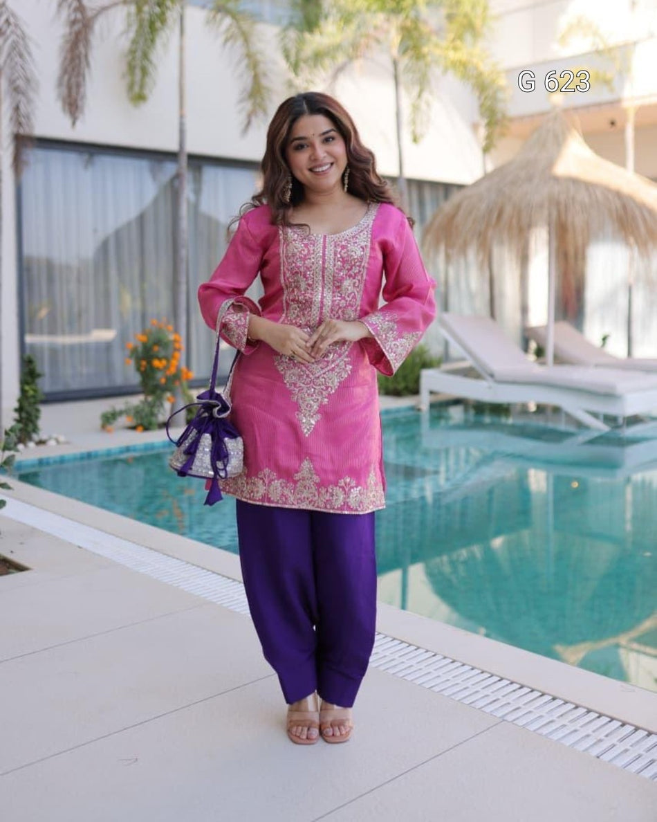 Sequins Embroidered Festive Top Pant Set - G 623