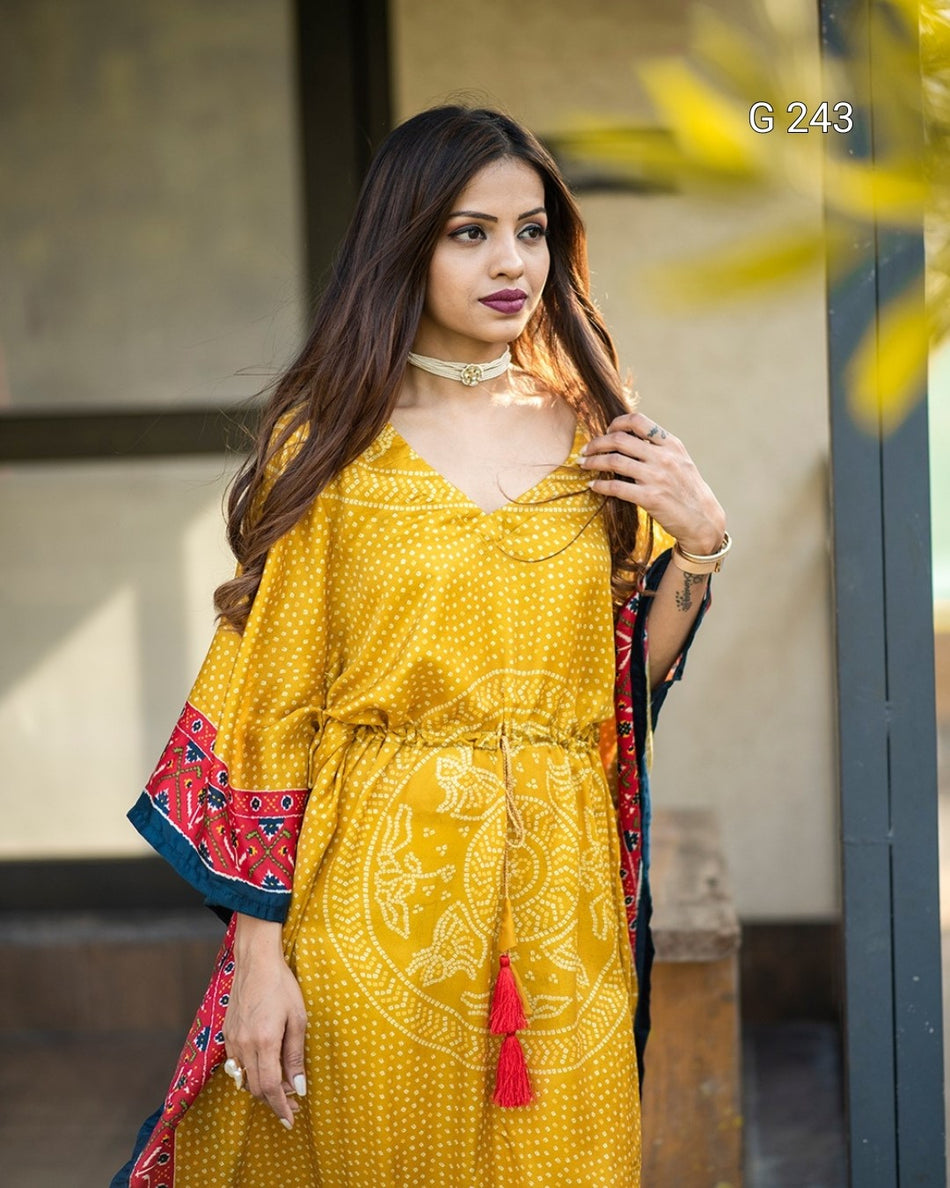 Digital Print Pure Gaji Silk Kaftan with Gotta Patti Lace Border – G 243