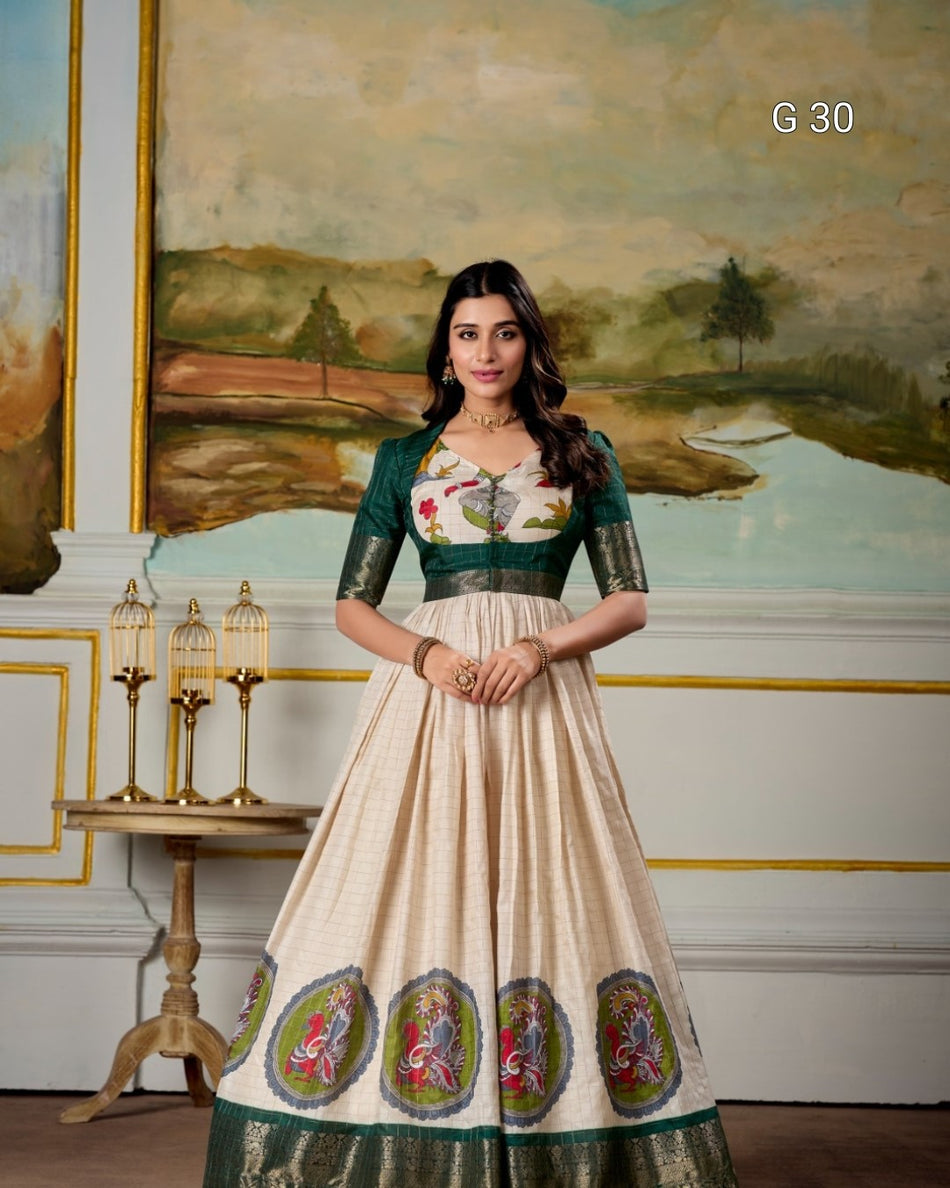 Green Dola Silk Gown with Kalamkari Print & Zari Weaving Border – G 30 Green