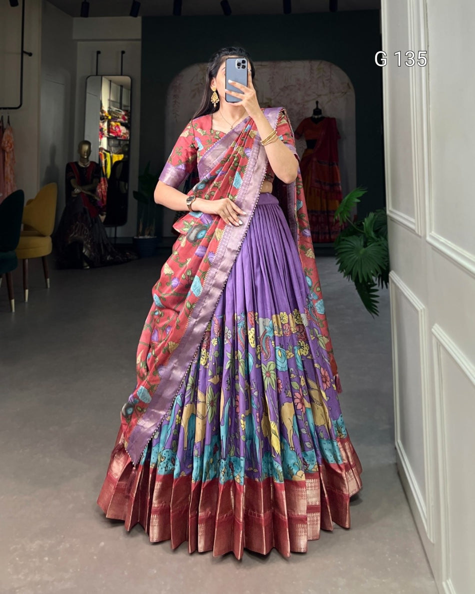 Dola Silk Kalamkari Printed Lehenga with Zari Weaving Border & Tassels – G 135