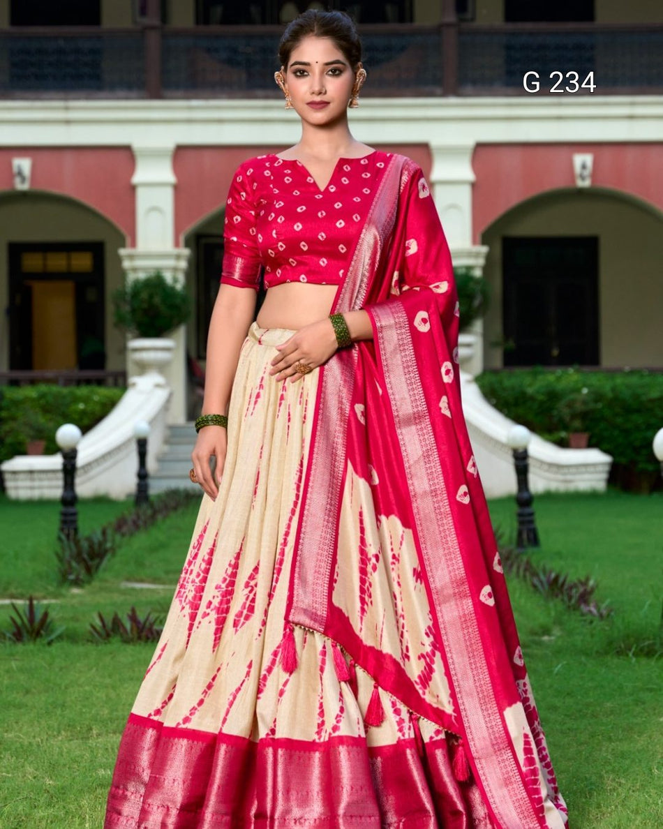 Shibori Print Dola Silk Lehenga with Zari Weaving Border – G 234 Red