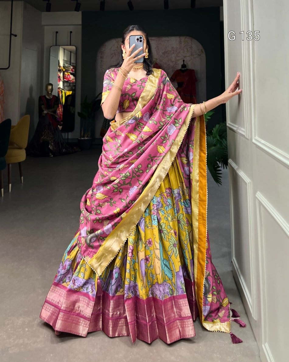 Dola Silk Kalamkari Printed Lehenga with Zari Weaving Border & Tassels – G 135 Mustred