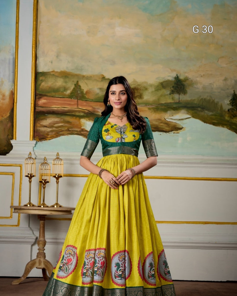 Parrot Dola Silk Gown with Kalamkari Print & Zari Weaving Border – G 30 Parrot