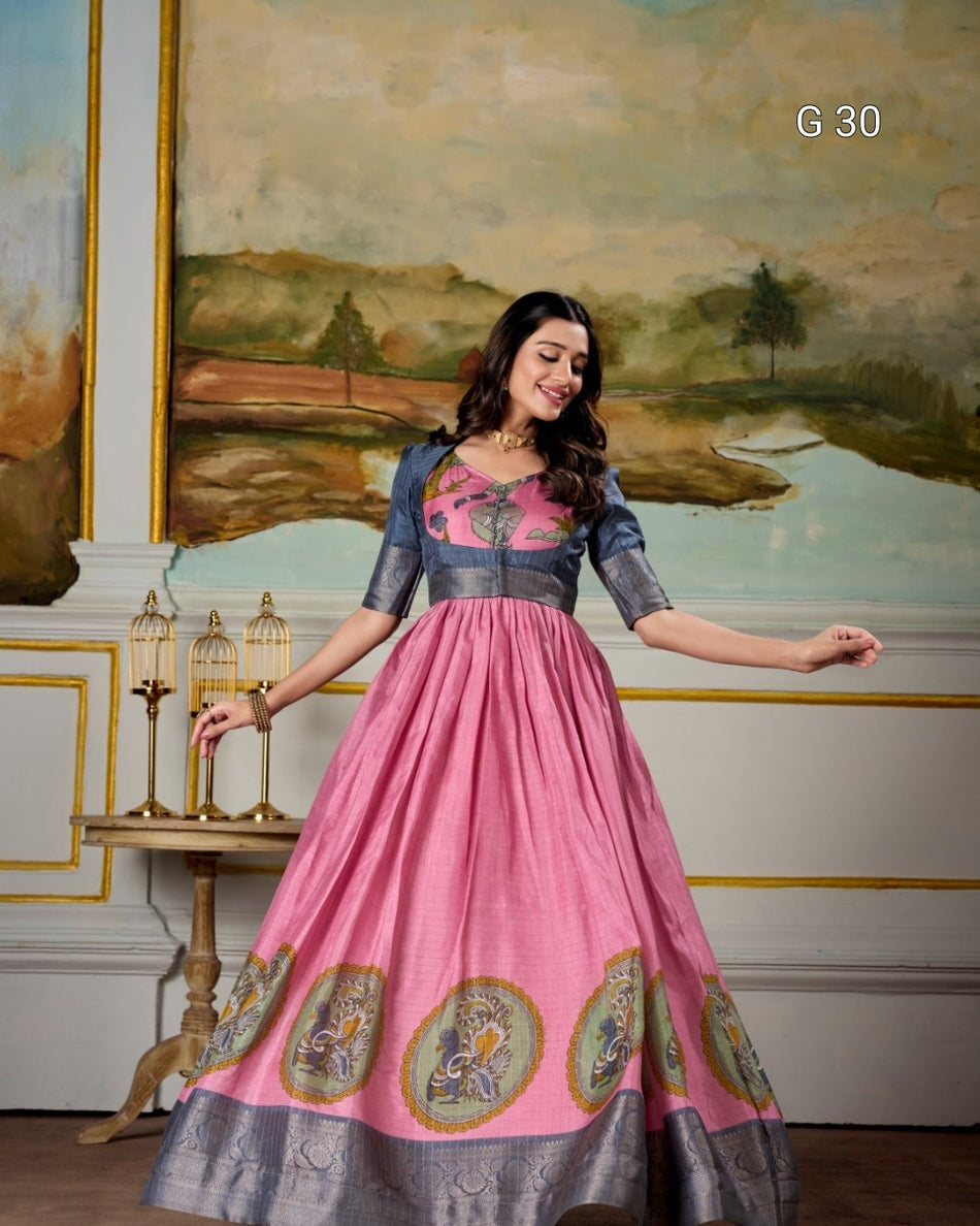 Pink Dola Silk Gown with Kalamkari Print & Zari Weaving Border – G 30 Pink