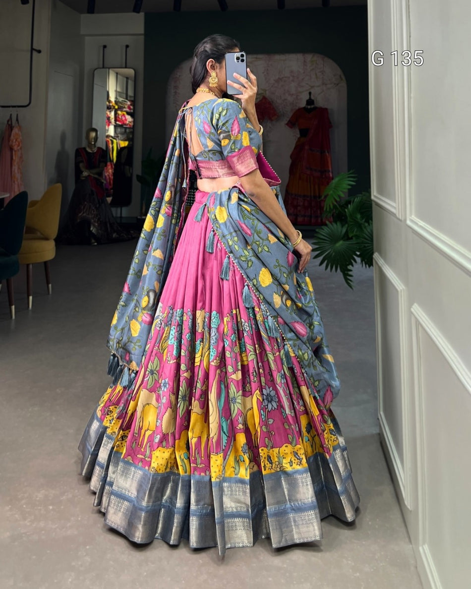 Dola Silk Kalamkari Printed Lehenga with Zari Weaving Border & Tassels – G 135 Pink