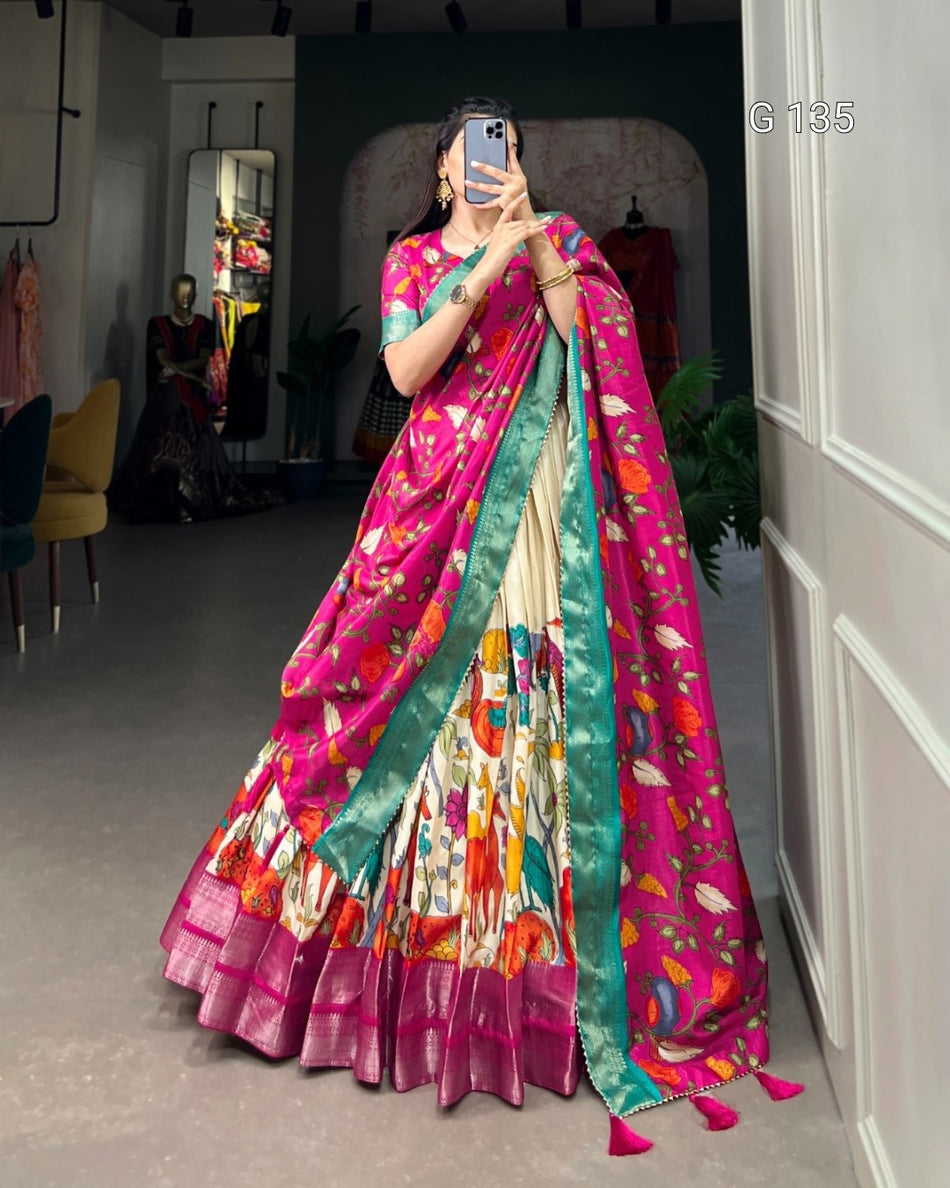 Dola Silk Kalamkari Printed Lehenga with Zari Weaving Border & Tassels – G 135 white