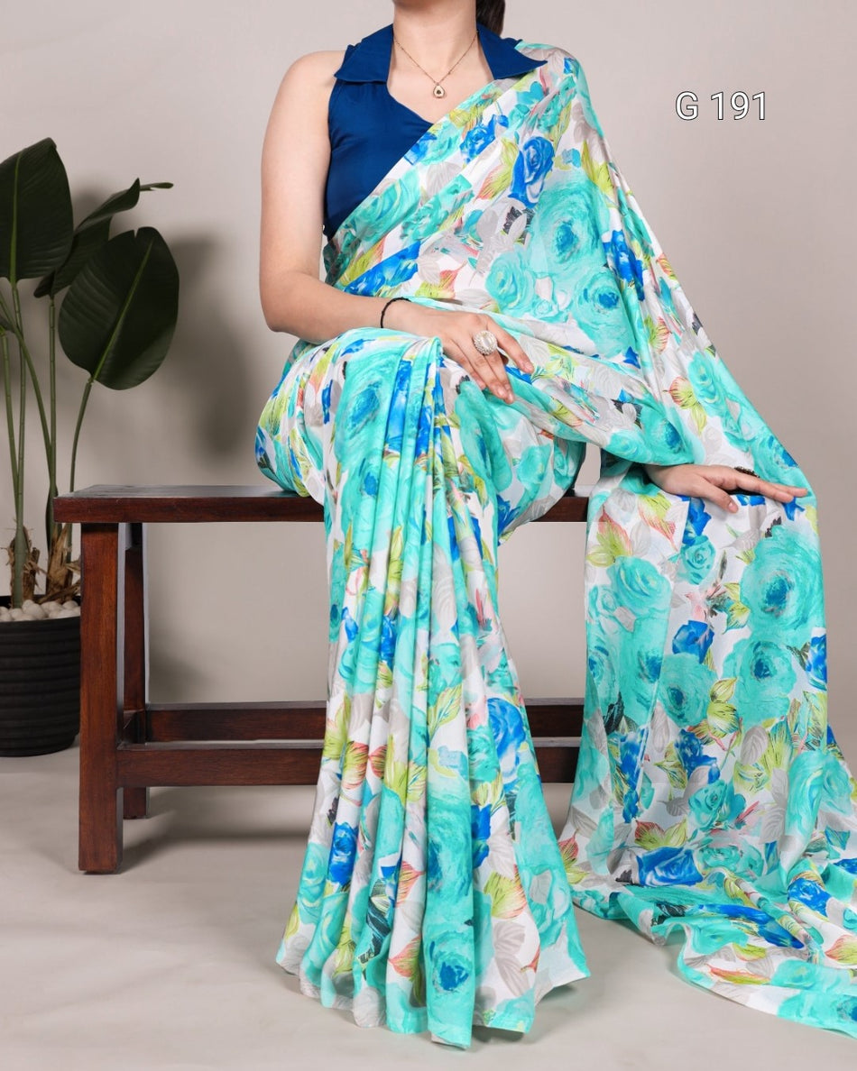 Dull Satin Floral Printed Saree with Moonga Silk Blouse – G 191
