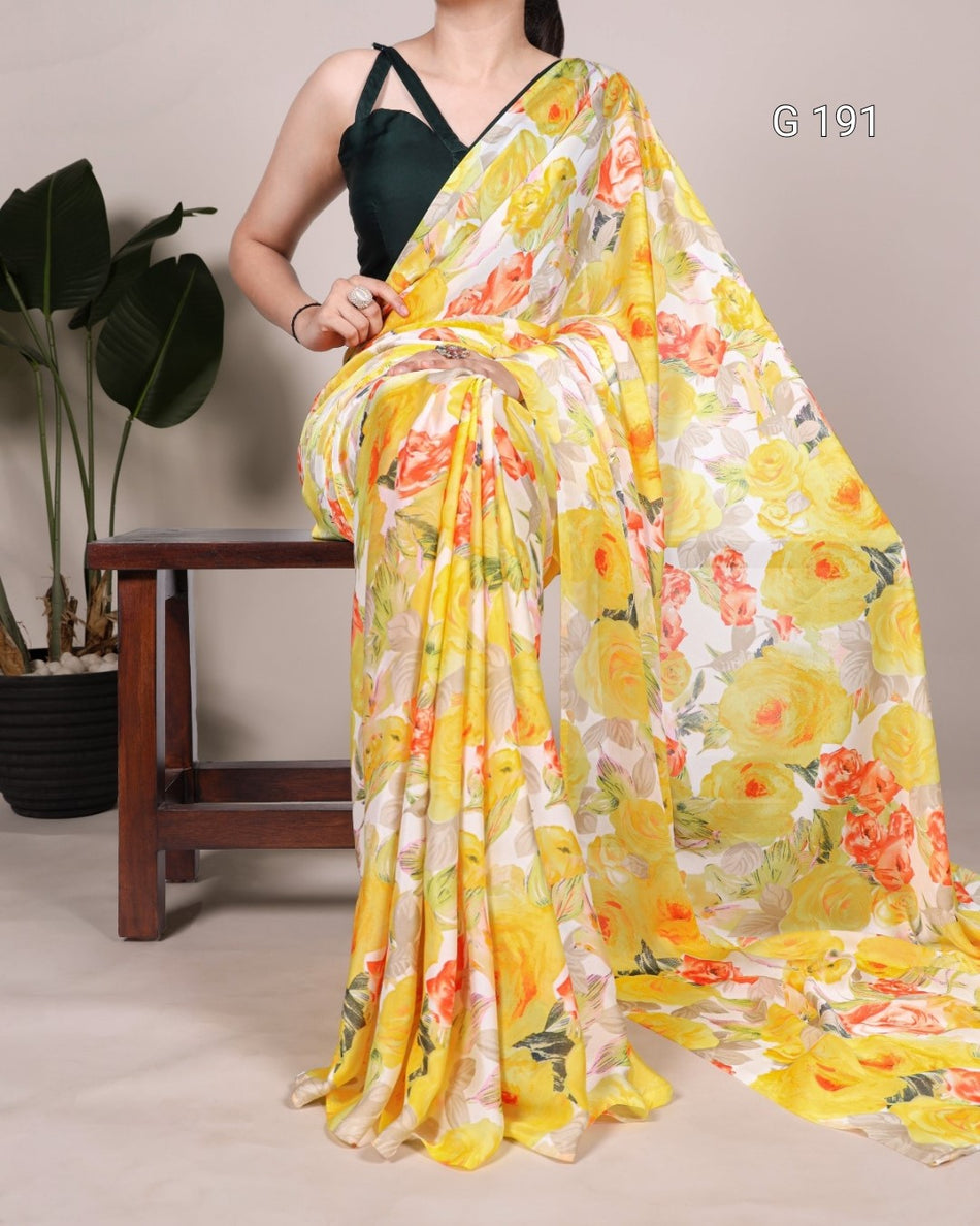 Dull Satin Floral Printed Saree with Moonga Silk Blouse – G 191