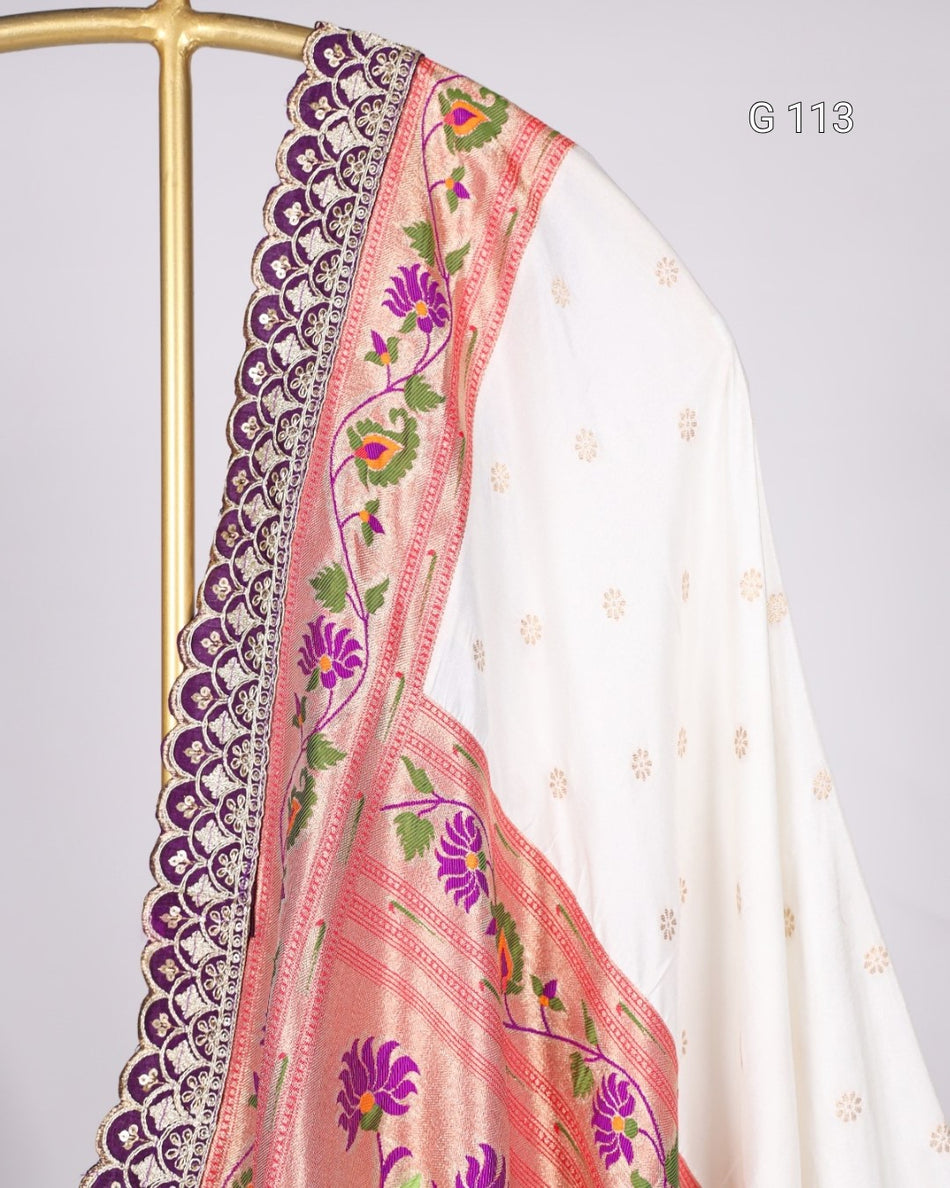 Jacquard Silk Dupatta with Zari Weaving & Embroidery Lace Border – G 113
