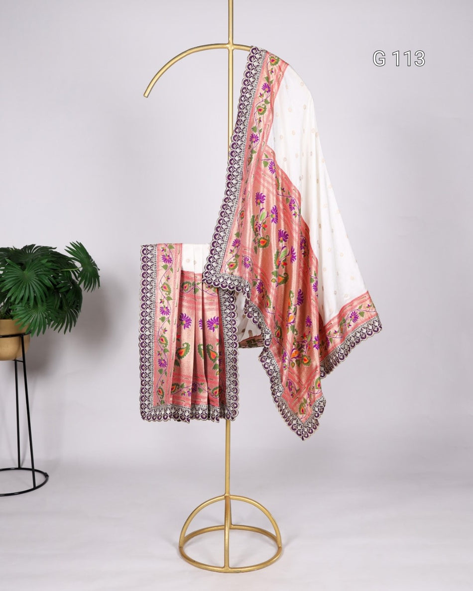 Jacquard Silk Dupatta with Zari Weaving & Embroidery Lace Border – G 113