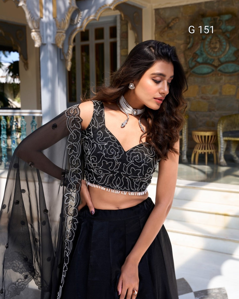 Elegant Black Star Satin Lehenga with Pearl & Sequins Embroidery – Bridal Lehenga Set-G 151 Black