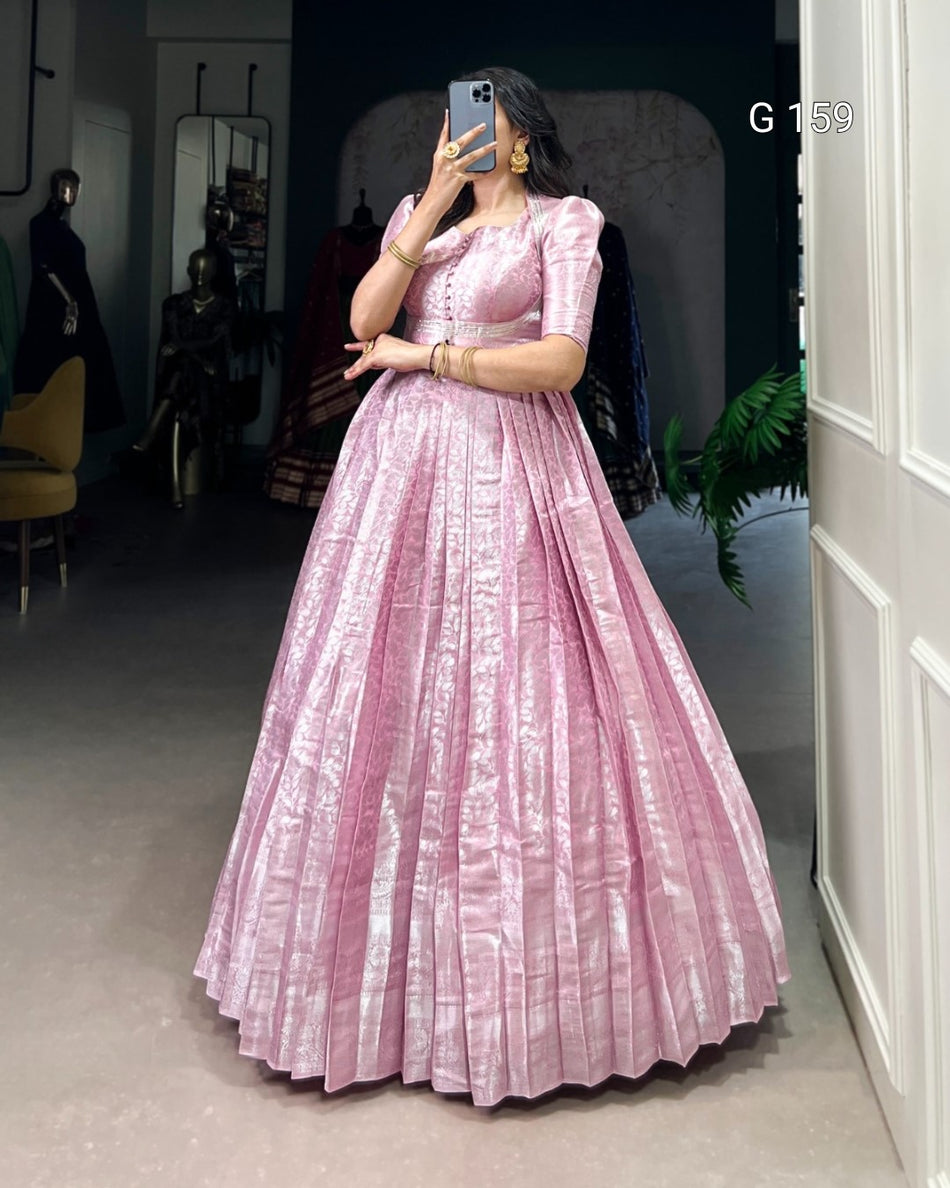 Elegant Light Pink Kanjivaram Gown & Koti Set with Zari Weaving & Lace Touch Up-G 159 Light Pink