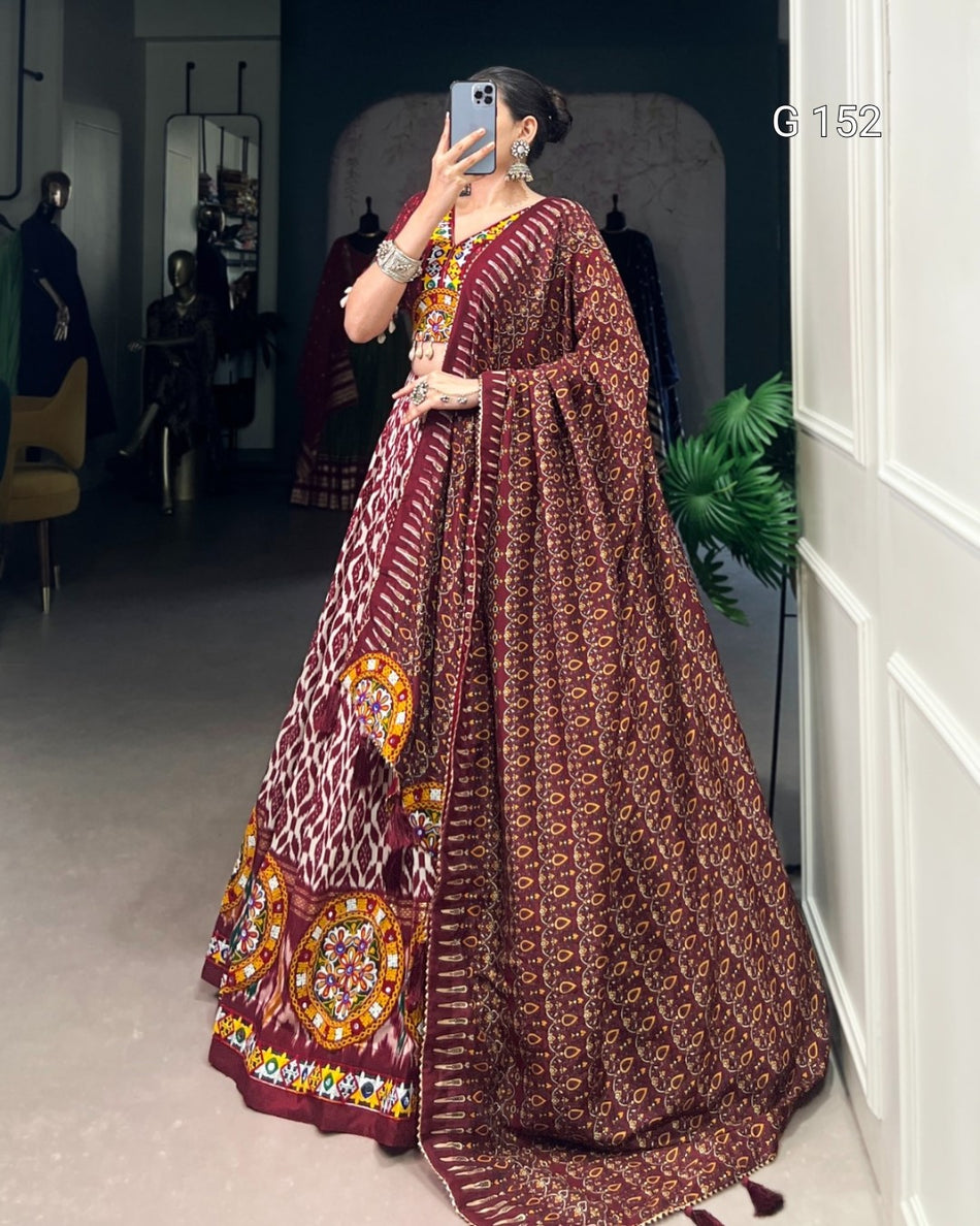 Elegant Maroon Tussar Silk Lehenga with Ikkat Print & Mirror Gamthi Work – Wedding Lehenga Set-G 152 Maroon